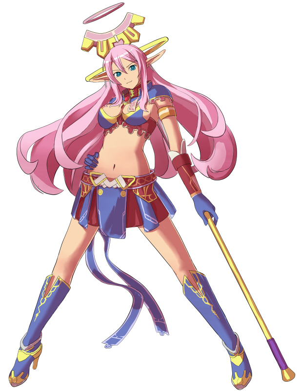 yoshi kita, myuria tionysus, star ocean, star ocean: the last hope, bad id, bad pixiv id, 1girl, blue eyes, boots, breasts, earrings, elf, female focus, halo, jewelry, knee boots, large breasts, long hair, midriff, pink hair, pointy ears, solo, staff