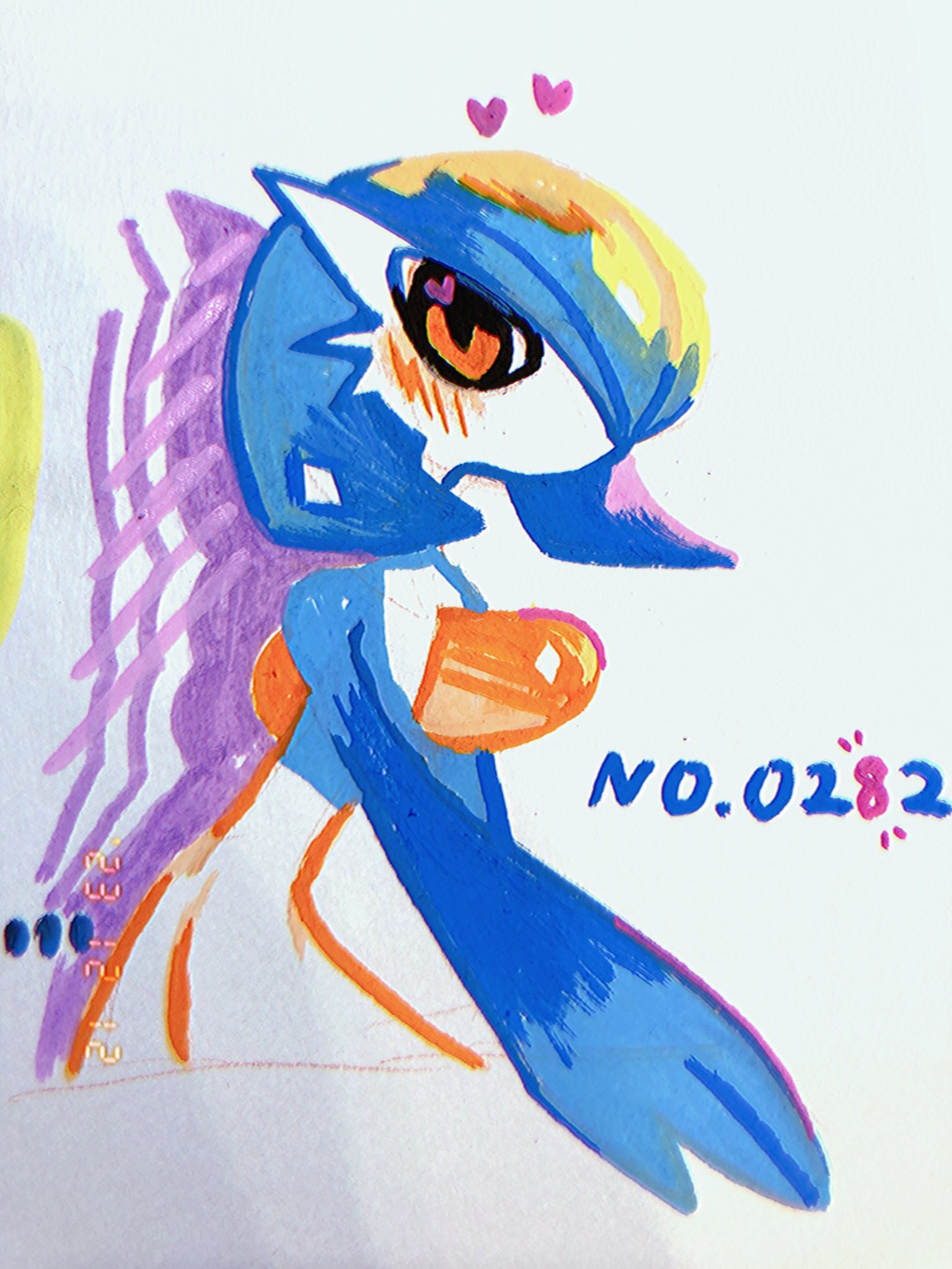 powerpuff (pixiv 60944739), gardevoir, nintendo, pokemon, traditional media, 1girl, alternate color, blue hair, blue skin, blush, bob cut, colored skin, cropped torso, dated, female focus, flat chest, gen 3 pokemon, hair over one eye, heart, leaning forward, looking at viewer, multicolored skin, no mouth, one eye covered, orange eyes, pokedex number, pokemon (creature), shiny pokemon, short hair, simple background, solo, standing, two-tone skin, upper body, white background, white skin