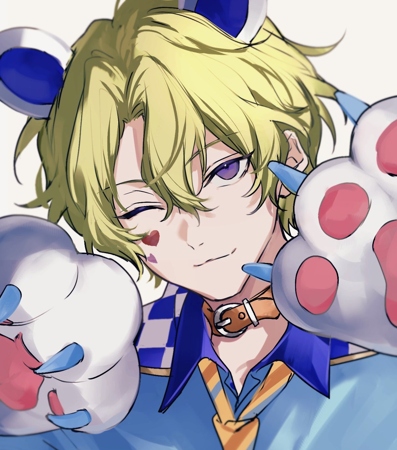 nozz177, tomoe hiyori, ensemble stars!, commentary, highres, symbol-only commentary, 1boy, animal ears, animal hands, bear ears, belt, belt buckle, belt collar, buckle, claws, closed mouth, collar, collared shirt, curtained hair, gloves, green hair, hair between eyes, hands up, heart, kuma kuma resq (ensemble stars!), looking at viewer, male focus, one eye closed, orange belt, paw gloves, portrait, purple eyes, shirt, short hair, simple background, smile, solo