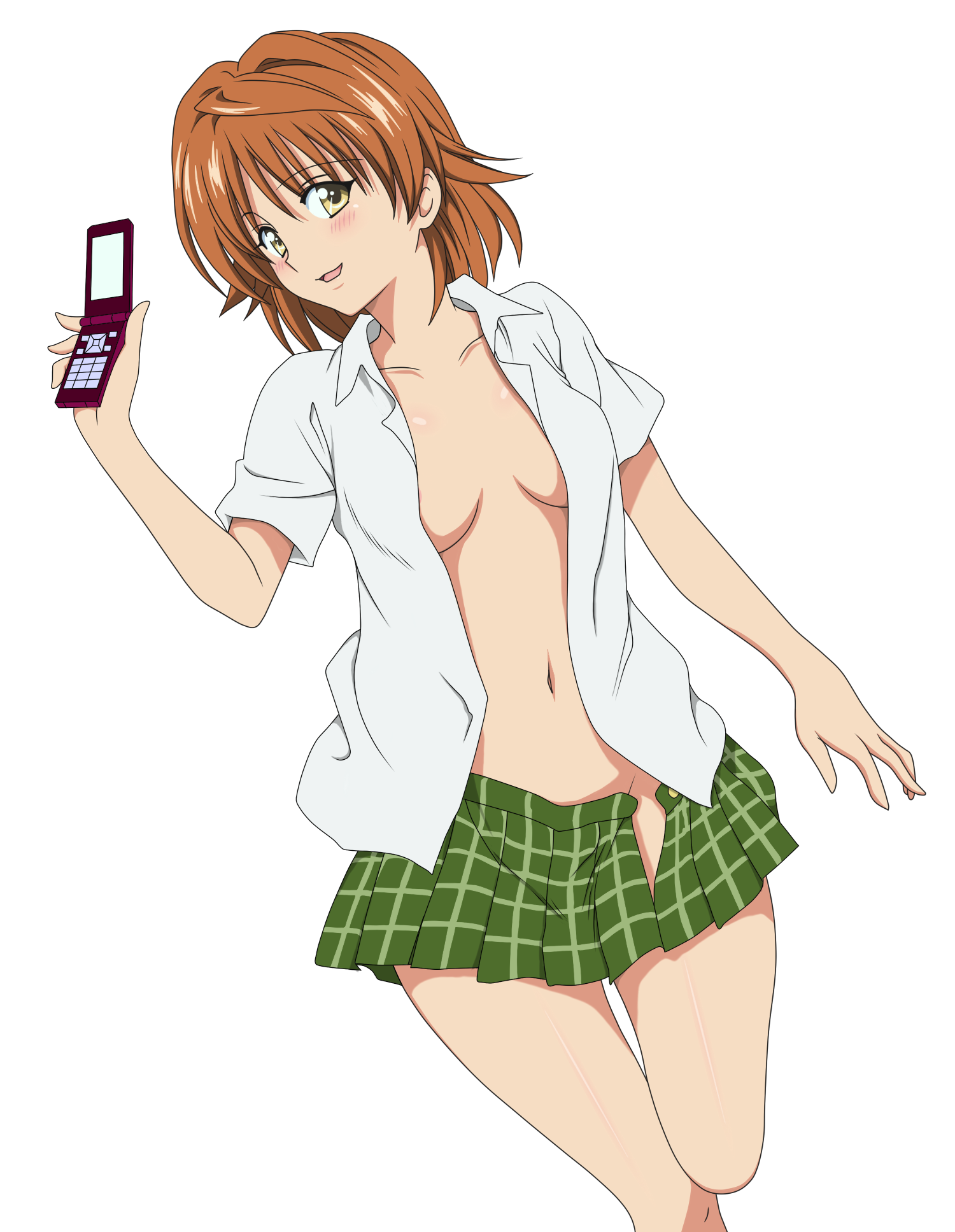 yuusaki riko, to love-ru, colorized, highres, third-party edit, 00s, 1girl, blush, breasts, brown eyes, brown hair, cellphone, female focus, genderswap, genderswap (mtf), medium breasts, navel, no bra, no panties, open clothes, open shirt, phone, plaid clothes, plaid skirt, school uniform, shirt, short hair, skirt, solo