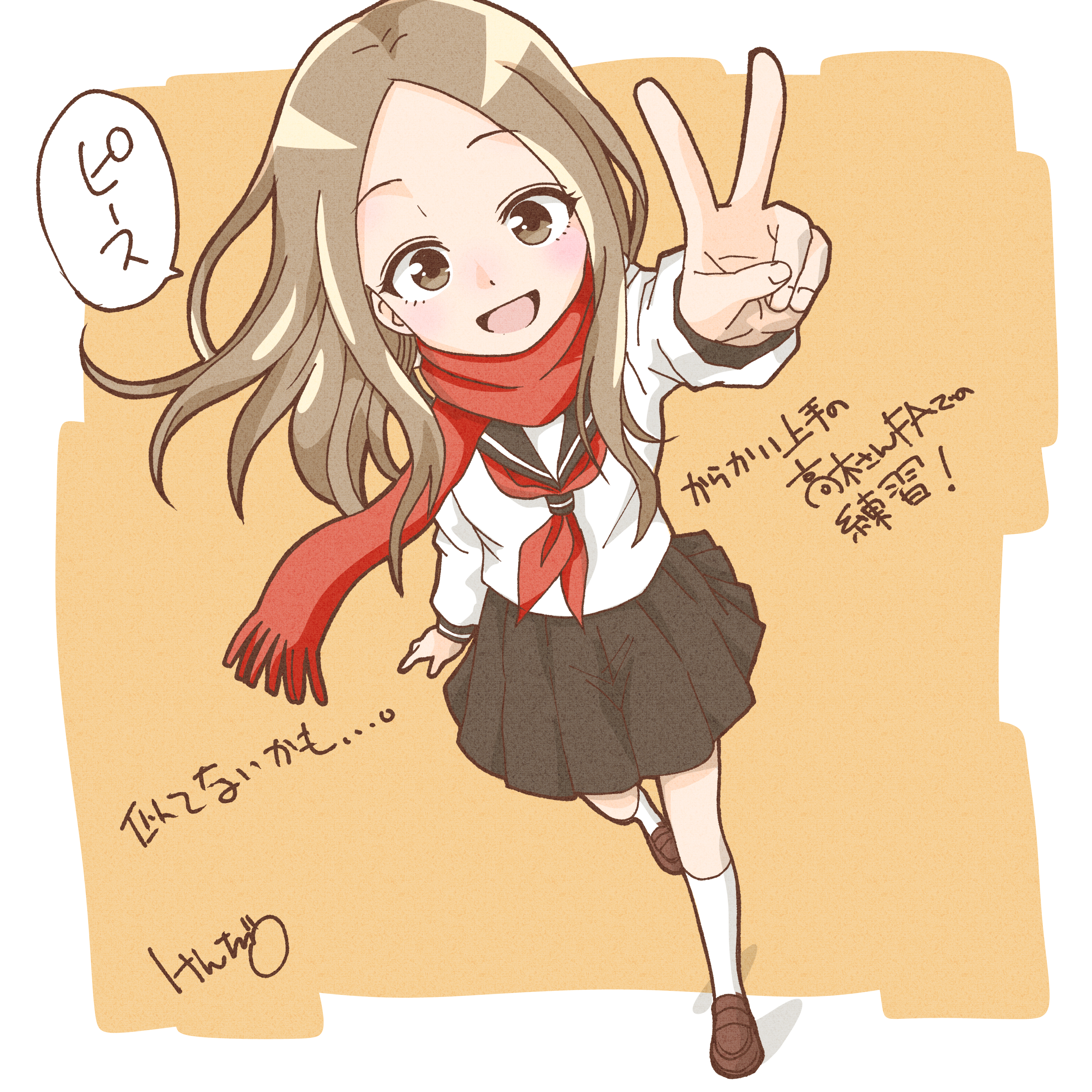 takagi-san, karakai jouzu no takagi-san, absurdres, commentary request, highres, translation request, 1girl, black sailor collar, black skirt, border, brown eyes, brown hair, brown shoes, kenjiru, kneehighs, loafers, long hair, long sleeves, looking at viewer, neckerchief, open mouth, orange background, outside border, outstretched arm, pleated skirt, red neckerchief, red scarf, sailor collar, scarf, school uniform, serafuku, shirt, shoes, skirt, smile, socks, solo, speech bubble, straight hair, v, white border, white shirt, white socks