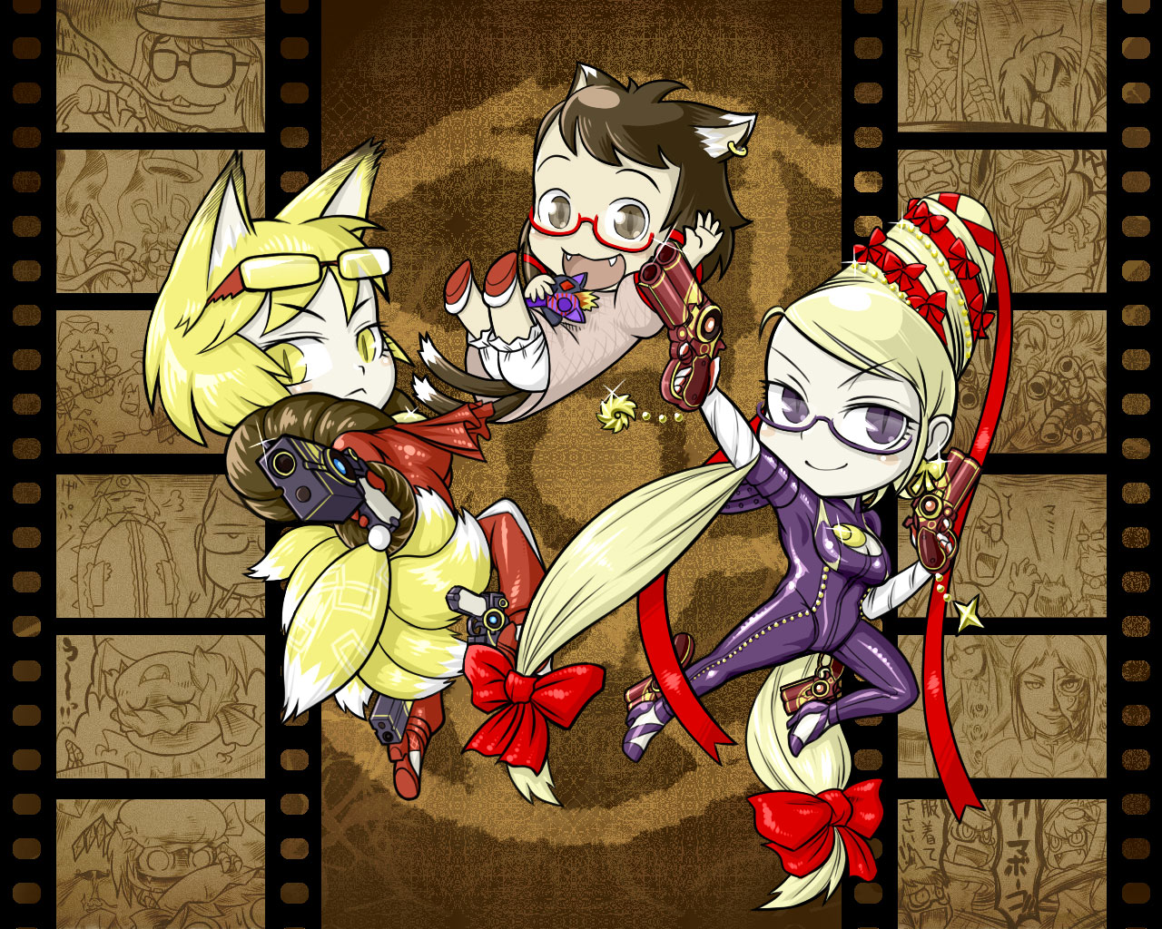 leex, bayonetta, cereza, chen, cirno, enzo, flandre scarlet, hinanawi tenshi, inaba tewi, jeanne (bayonetta), morichika rinnosuke, remilia scarlet, rumia, saigyouji yuyuko, wriggle nightbug, yakumo ran, yakumo yukari, bayonetta (series), bayonetta 1, touhou, 3girls, animal ears, bayonetta (cosplay), blonde hair, cereza (cosplay), cosplay, dual persona, enzo (cosplay), jeanne (bayonetta) (cosplay), multiple girls, parody, red eyes, yukkuri shiteitte ne