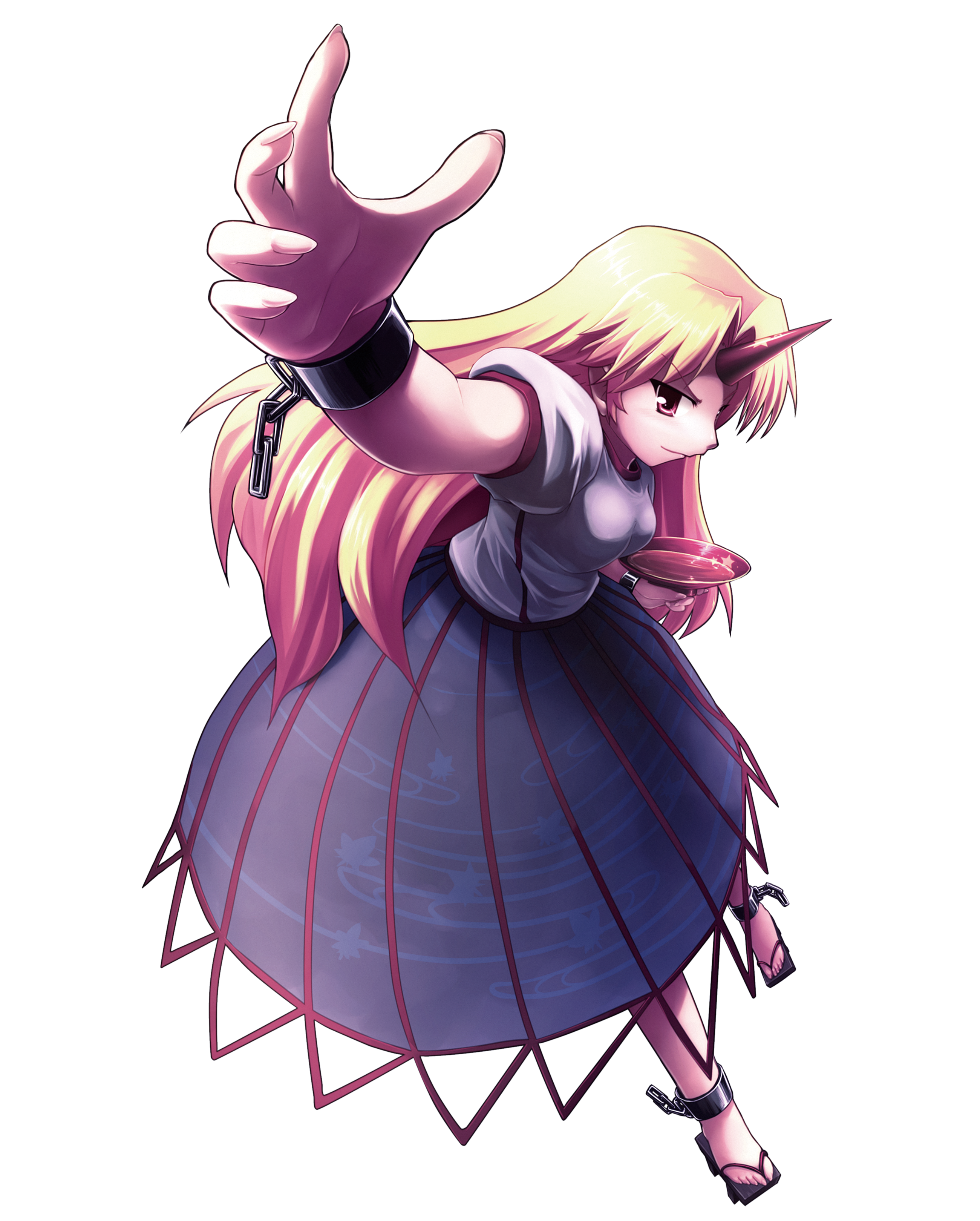 tdk, hoshiguma yuugi, touhou, absurdres, highres, md5 mismatch, 1girl, blonde hair, female focus, foreshortening, full body, horns, long hair, red eyes, single horn, solo, transparent background