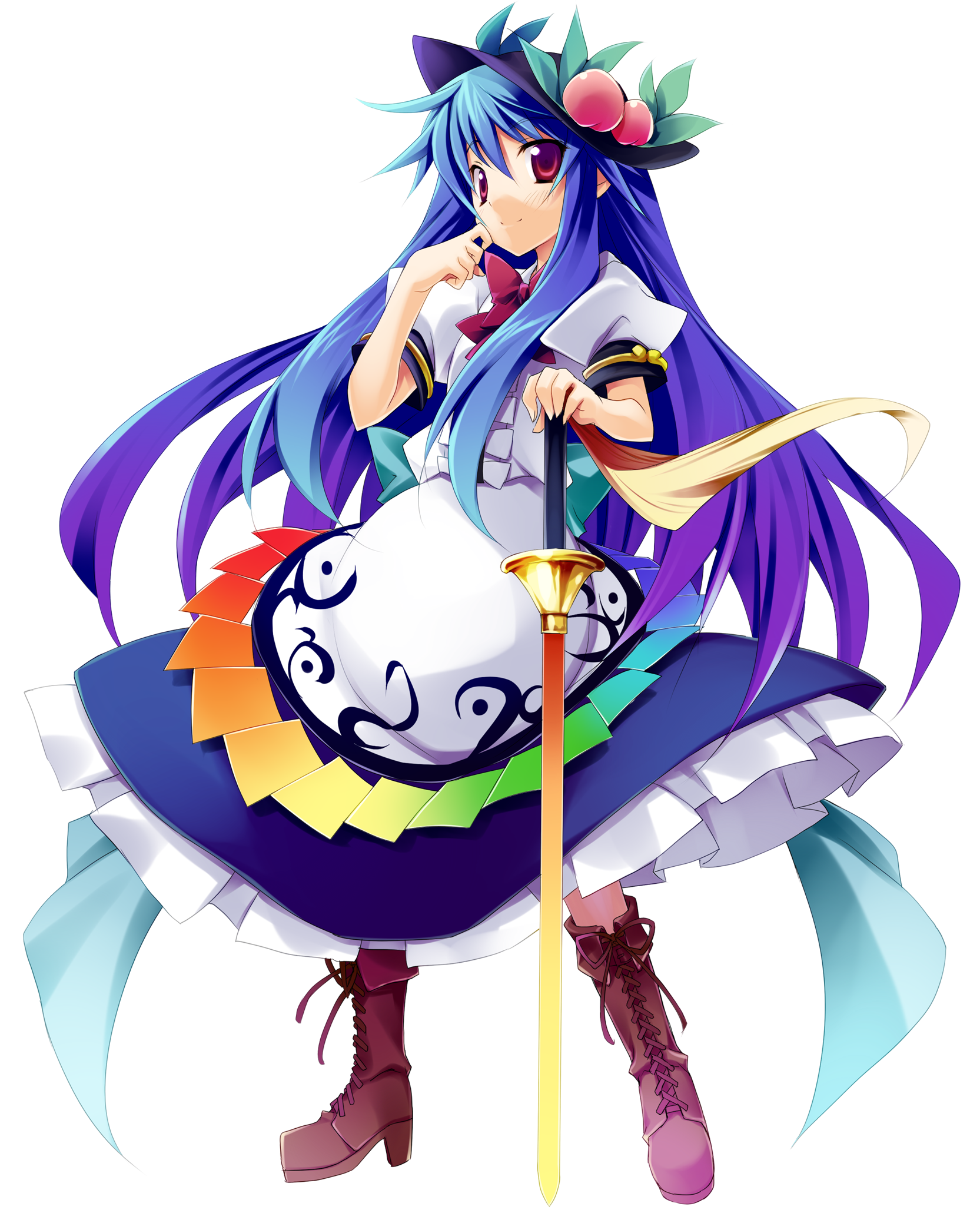 minase, hinanawi tenshi, touhou, highres, 1girl, blue hair, boots, female focus, food, fruit, full body, gradient hair, hat, lace-up boots, long hair, looking at viewer, multicolored hair, peach, purple hair, red eyes, smile, solo, sword, sword of hisou, transparent background, weapon