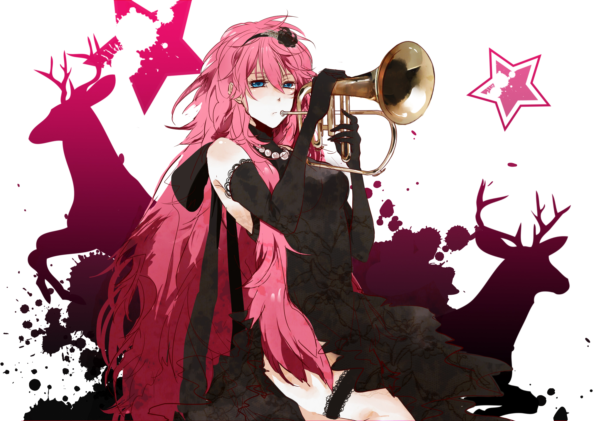 hatsuko, megurine luka, vocaloid, bad id, bad pixiv id, highres, 1girl, blue eyes, breasts, deer, dress, elbow gloves, female focus, flugelhorn, frilled thigh strap, gem, gloves, hair ornament, hairband, instrument, jewelry, large breasts, long hair, necklace, pearl (gemstone), pearl necklace, pink hair, side slit, solo, star (symbol), thigh strap, trumpet, very long hair