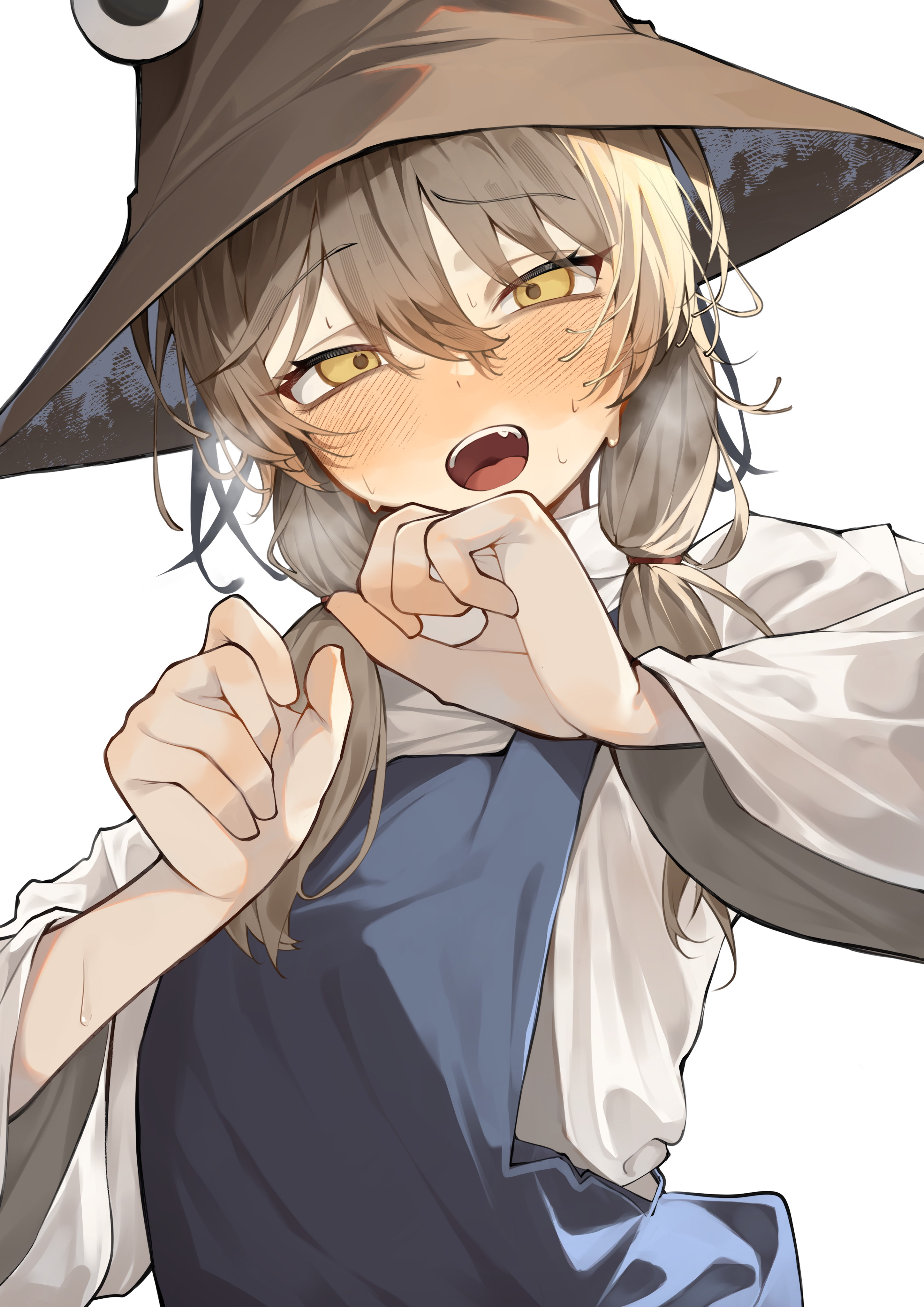 potato (comicomi0211), moriya suwako, touhou, absurdres, commentary request, highres, 1girl, blonde hair, blush, embarrassed, eye on hat, hair between eyes, looking at viewer, open mouth, simple background, solo, twintails, white background, yellow eyes