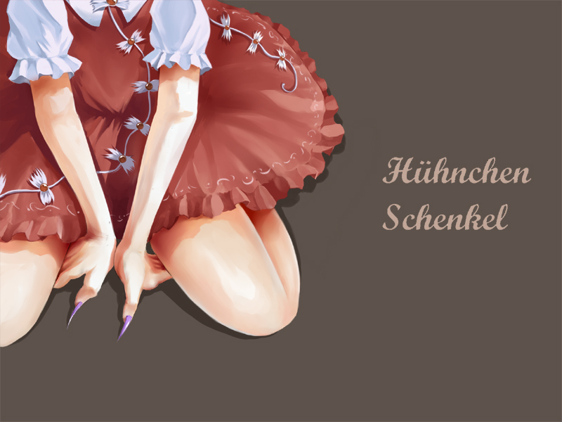 uruo, mystia lorelei, touhou, bad id, bad pixiv id, translated, 1girl, between legs, dress, female focus, fingernails, german text, hand between legs, legs, long fingernails, nail (hardware), nail polish, pun, purple nails, short sleeves, sitting, solo, thighs, wariza