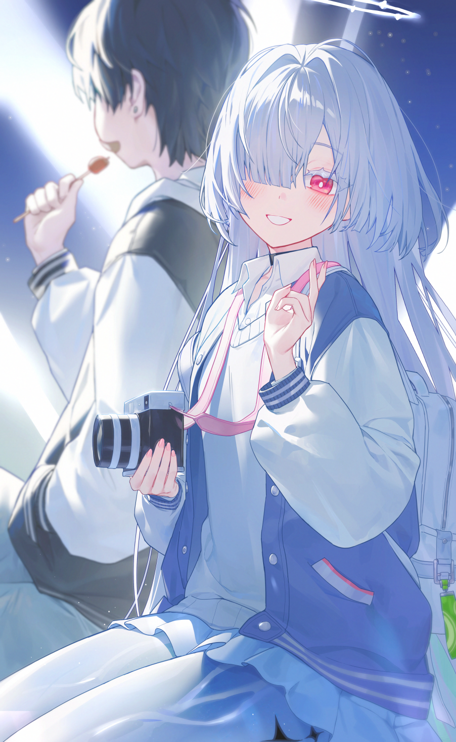 zua (2vziu), male rover (wuthering waves), mornye (wuthering waves), rover (wuthering waves), wuthering waves, commentary, highres, symbol-only commentary, 1boy, 1girl, alternate costume, backpack, bag, black hair, camera, colored eyelashes, fingernails, food, grey hair, grey sweater, halo, hand up, holding, holding camera, holding food, jacket, letterman jacket, long hair, looking at viewer, miniskirt, parted lips, red eyes, sitting, skirt, smile, sweater, tacet mark (wuthering waves), white bag, white skirt