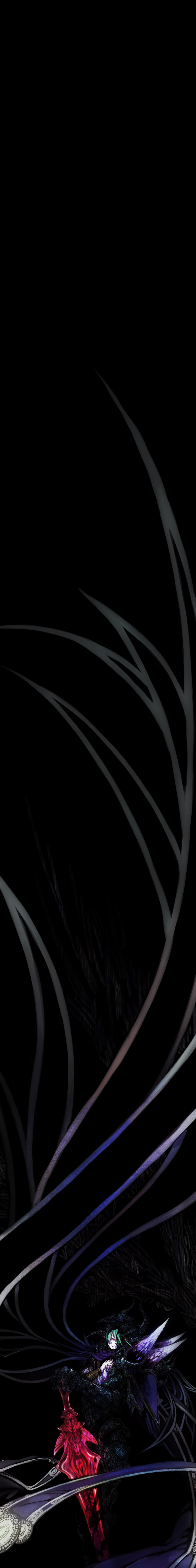 ef (artist), faize scheifa beleth, star ocean, star ocean: the last hope, absurdres, highres, long image, spoilers, tall image, 1boy, dark, green hair, male focus, red eyes, solo, sword, weapon