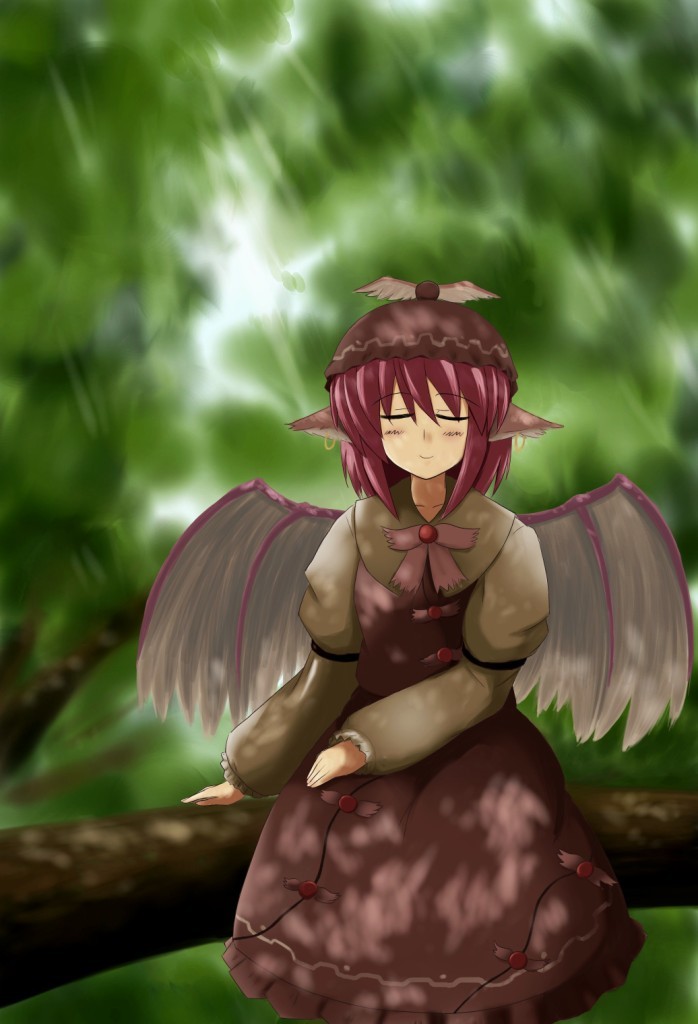 kotsuka, mystia lorelei, touhou, 1girl, animal ears, blush, bow, branch, closed eyes, dress, earrings, female focus, hair bow, hat, jewelry, long sleeves, nature, pink hair, pointy ears, ribbon, short hair, sitting, smile, solo, wings