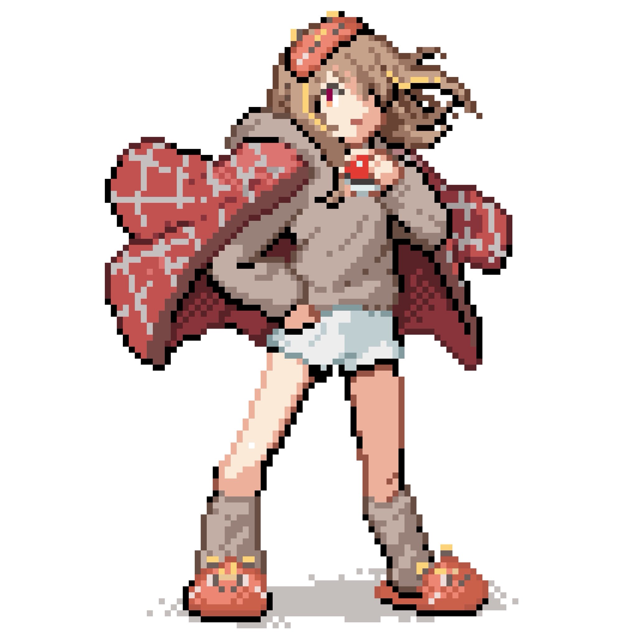 niboshidrip, sendo yuuhi, sendo yuuhi (loungewear), vspo!, commentary request, highres, 1girl, blonde hair, brown hair, brown shirt, brown socks, closed mouth, full body, holding, holding poke ball, jacket, mask, mask on head, multicolored hair, orange eyes, pixel art, poke ball, poke ball (basic), red jacket, shirt, shorts, sleep mask, slippers, socks, solo, standing, streaked hair, two-tone hair, virtual youtuber, white background, white shorts