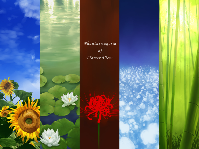 uruo, phantasmagoria of flower view, touhou, bamboo, bamboo forest, column lineup, day, female focus, flower, forest, lily of the valley, lily pad, lotus, nature, no humans, red flower, sky, spider lily, sunflower, water