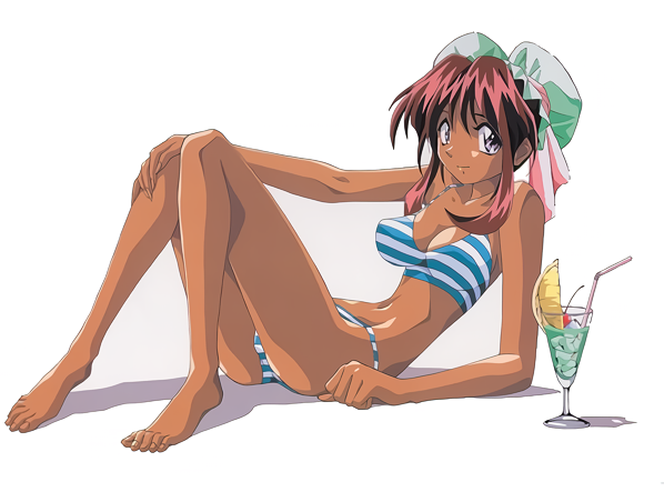 nanvel candlestick, burn-up, burn-up w, non-web source, official art, 1990s (style), barefoot, bendy straw, bikini, blue eyes, breasts, bun cover, double bun, drink, drinking straw, full body, hair bun, hand on own knee, large breasts, looking at viewer, medium hair, navel, red hair, retro artstyle, sidelocks, simple background, smile, striped bikini, striped clothes, swimsuit, white background