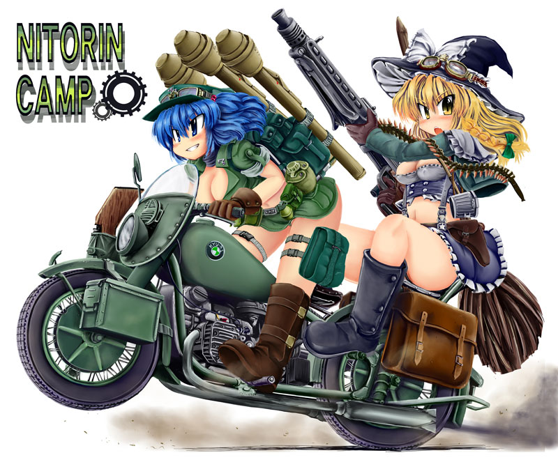 okiraku nikku, kawashiro nitori, kirisame marisa, bmw, touhou, vehicle, 2girls, ammunition belt, backpack, bag, blonde hair, blue eyes, blue hair, boots, braid, brand name imitation, breasts, cleavage, covered erect nipples, female focus, gloves, goggles, gun, hair bobbles, hair ornament, hat, high-explosive anti-tank (warhead), large breasts, machine gun, man-portable anti-tank systems, medium breasts, mg42, midriff, motor vehicle, motorcycle, multiple girls, multiple riders, panzerfaust, randoseru, recoilless gun, short hair, twintails, two side up, weapon, wheelie, witch hat, yellow eyes