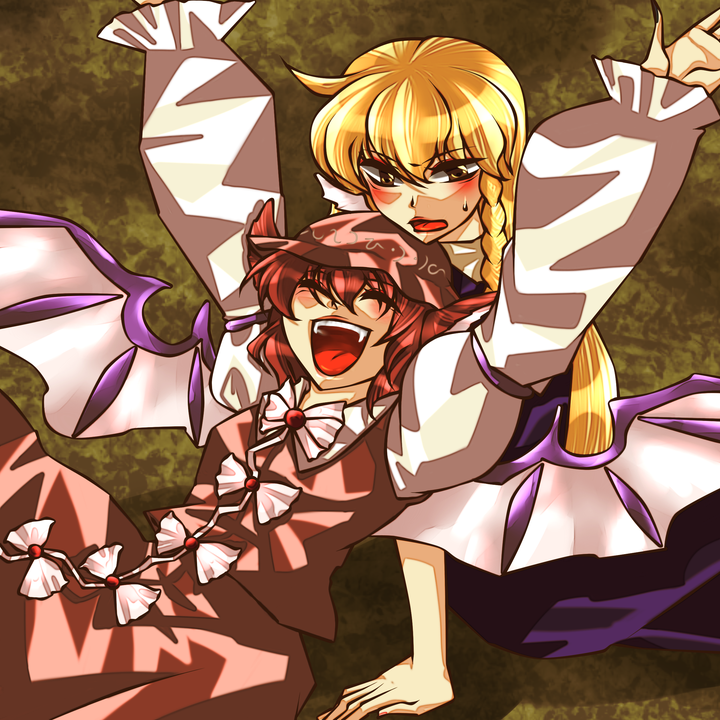 discharge cycle, tobi (discharge cycle), kirisame marisa, mystia lorelei, touhou, 2girls, animal ears, arms up, blonde hair, blush, bow, braid, closed eyes, fang, female focus, hair bow, happy, hat, hug, long hair, long sleeves, multiple girls, open mouth, red hair, ribbon, sitting, sweatdrop, tongue, wings, yellow eyes