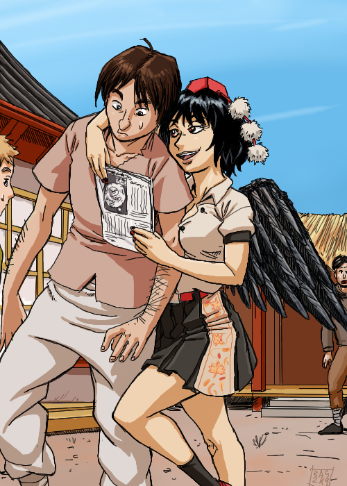 ragathol, shameimaru aya, touhou, md5 mismatch, 1boy, 1girl, hat, nail polish, newspaper, red nails, skirt, socks, tokin hat, wings