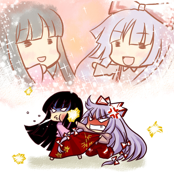 socha, fujiwara no mokou, houraisan kaguya, touhou, silver hair, 2girls, = =, anger vein, angry, battle, black hair, chibi, female focus, hair ribbon, kicking, long hair, multiple girls, punching, ribbon, rivalry, simple background, sparkle, very long hair, violence
