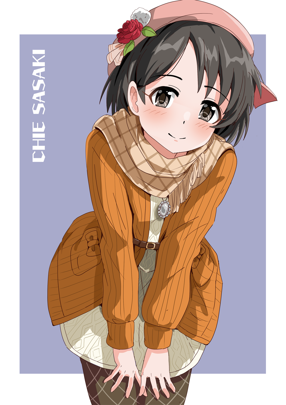 illustscody, sasaki chie, idolmaster, idolmaster cinderella girls, commentary request, highres, 1girl, beret, black hair, blush, border, brown scarf, cable knit, cardigan, character name, closed mouth, cowboy shot, dress, flower, grey hair, hat, hat flower, leaning forward, long sleeves, looking at viewer, open cardigan, open clothes, orange cardigan, outside border, parted bangs, pink hat, purple background, red flower, red rose, rose, scarf, short hair, simple background, smile, solo, split mouth, standing, sweater, sweater dress, white border, white sweater