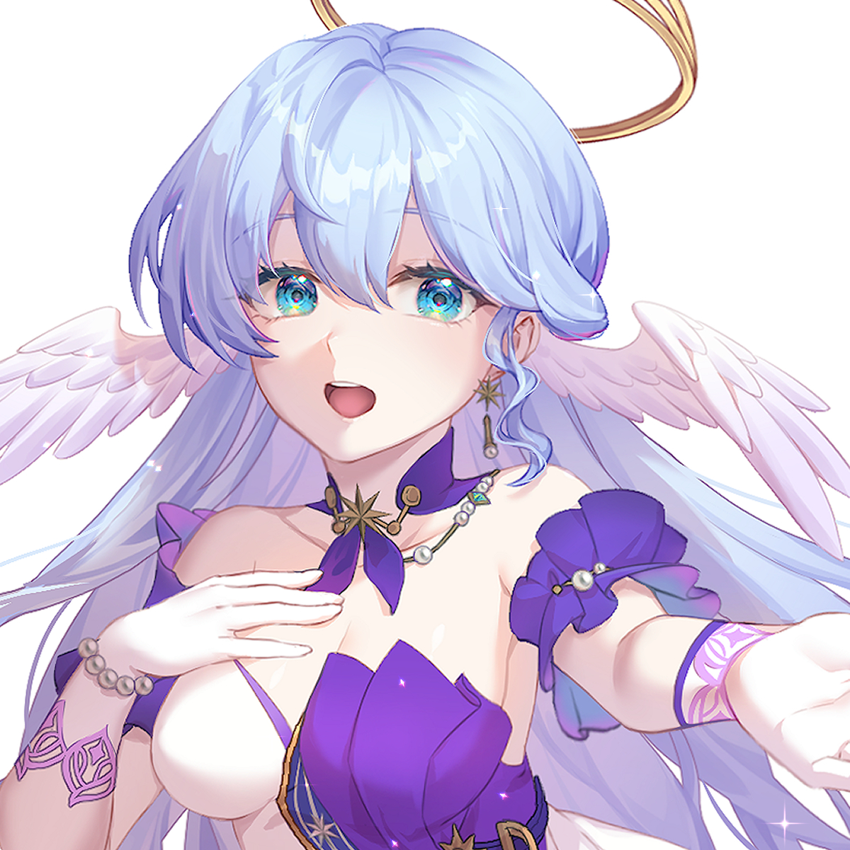 aesice, robin (honkai: star rail), honkai: star rail, honkai (series), aliasing, highres, 1girl, bare shoulders, beckoning, blue eyes, blue hair, breasts, detached collar, double-parted bangs, dress, earrings, elbow gloves, gloves, hair between eyes, halo, hand on own chest, head wings, jewelry, long hair, looking at viewer, medium breasts, music, open mouth, purple dress, reaching, reaching towards viewer, singing, solo, strapless, strapless dress, two-tone dress, upper body, white dress, white gloves, wings