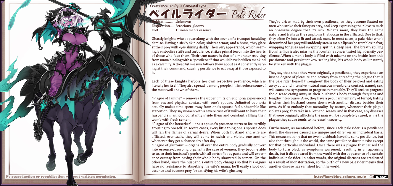 kenkou cross, pale rider (monster girl encyclopedia), monster girl encyclopedia, official art, 1girl, aqua hair, armor, armored boots, aura, bikini armor, black sclera, bodysuit, boots, breasts, character profile, colored sclera, colored skin, colored tongue, coronavirus, covered navel, elemental (creature), english text, full body, gauntlets, glowing, glowing eyes, glowing scythe, glowing weapon, green eyes, green tongue, grey hair, headpiece, high heel boots, high heels, holding, holding weapon, horse, horseback riding, impossible bodysuit, impossible clothes, knee boots, large breasts, long tongue, looking at viewer, monster girl, pink hair, purple bodysuit, purple skin, riding, scythe, short hair, skin tight, solo, spikes, text focus, tongue, tongue out, undead, very long tongue, virus, weapon, white background