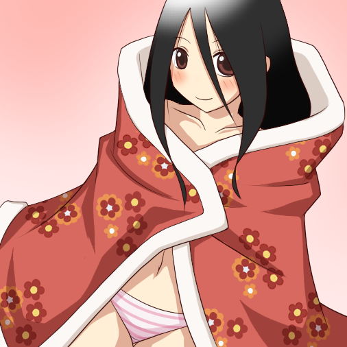 goriate, komori kiri, sayonara zetsubou sensei, 00s, black hair, blanket, blush, brown eyes, long hair, navel, panties, solo, striped clothes, striped panties, underwear