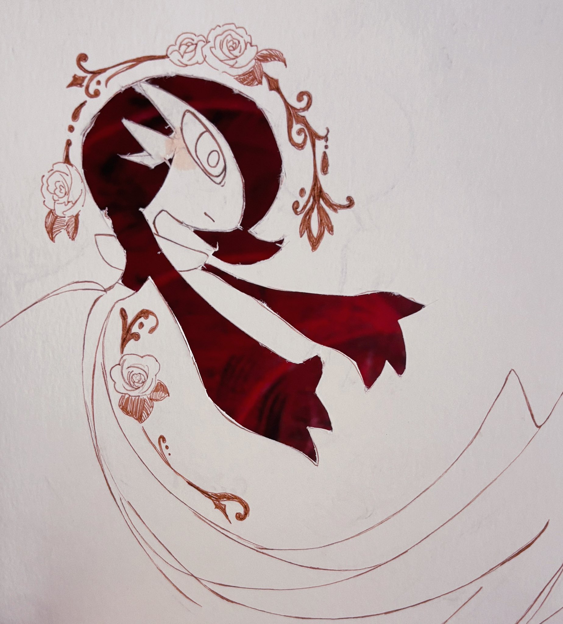 powerpuff (pixiv 60944739), gardevoir, nintendo, pokemon, kirigami (medium), papercraft (medium), traditional media, 1girl, :|, alternate color, alternate shiny pokemon, arched back, arms up, blush, bob cut, closed mouth, colored skin, female focus, flower, gen 3 pokemon, hair over one eye, leaning forward, light blush, looking afar, one eye covered, outstretched arms, partially colored, pokemon (creature), red hair, red skin, rose, short hair, solo, standing, white background