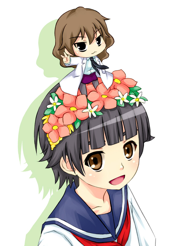 piku, kiyama harumi, uiharu kazari, toaru kagaku no railgun, toaru majutsu no index, 00s, :3, black hair, brown eyes, brown hair, chibi, head wreath, lab coat, necktie, pantyhose, school uniform, serafuku, short hair, skirt, v