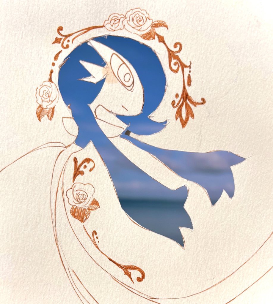 powerpuff (pixiv 60944739), gardevoir, nintendo, pokemon, kirigami (medium), papercraft (medium), traditional media, 1girl, :|, alternate color, arched back, arms up, blue hair, blue skin, blue sky, blush, bob cut, closed mouth, cloud, colored skin, female focus, flower, gen 3 pokemon, hair over one eye, leaning forward, light blush, looking afar, one eye covered, outstretched arms, partially colored, pokemon (creature), rose, shiny pokemon, short hair, sky, solo, standing, white background