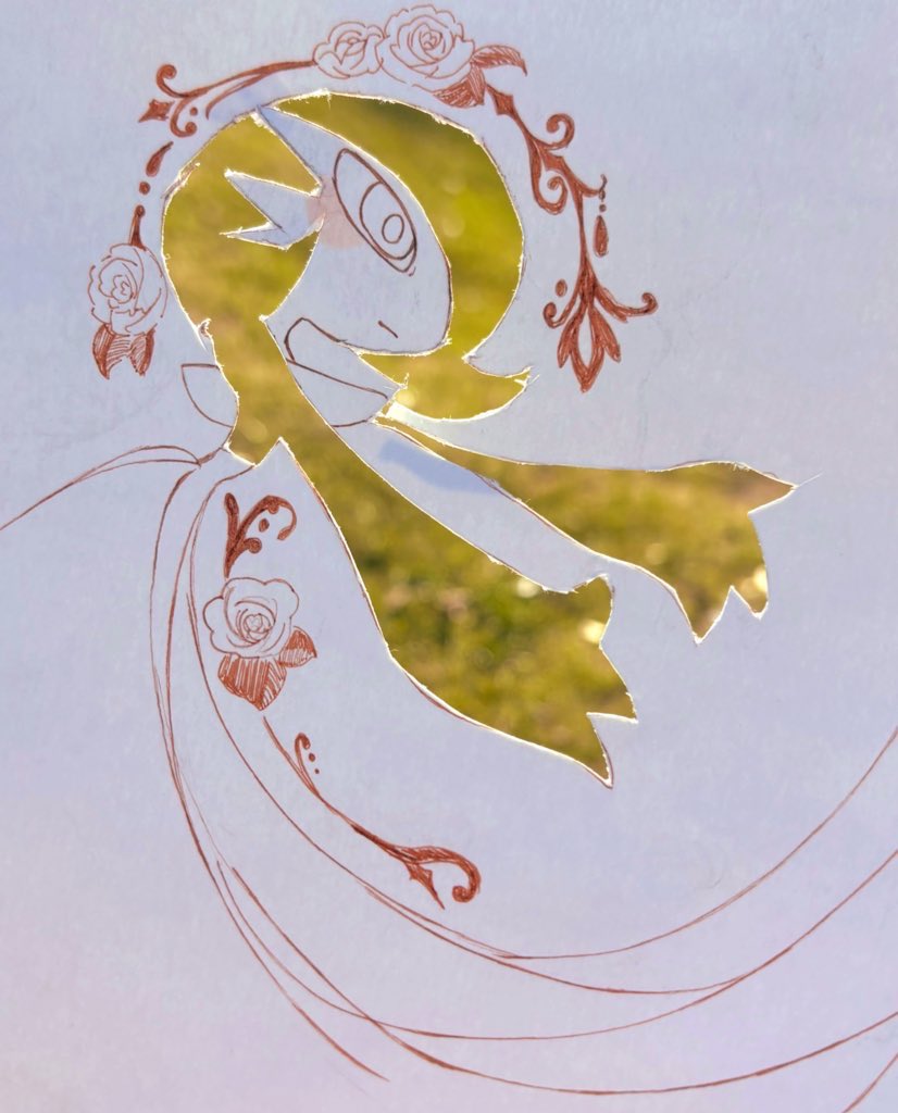 powerpuff (pixiv 60944739), gardevoir, nintendo, pokemon, kirigami (medium), papercraft (medium), traditional media, 1girl, :|, arched back, arms up, blush, bob cut, closed mouth, colored skin, female focus, flower, gen 3 pokemon, grass, green hair, green skin, hair over one eye, leaning forward, light blush, looking afar, one eye covered, outstretched arms, partially colored, pokemon (creature), rose, short hair, solo, standing, white background