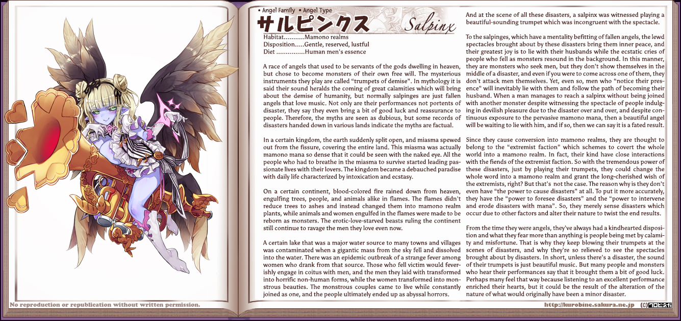 kenkou cross, salpinx (monster girl encyclopedia), monster girl encyclopedia, official art, 1girl, angel, angel girl, angel wings, bad feet, black sclera, blonde hair, blue skin, blush, breasts, character name, character profile, cleavage, colored sclera, colored skin, corruption, double bun, english text, feathered wings, full body, gloves, green eyes, hair bun, instrument, large breasts, long hair, looking at viewer, monster girl, no bra, open clothes, pointy ears, simple background, smile, solo, text focus, trumpet, wings