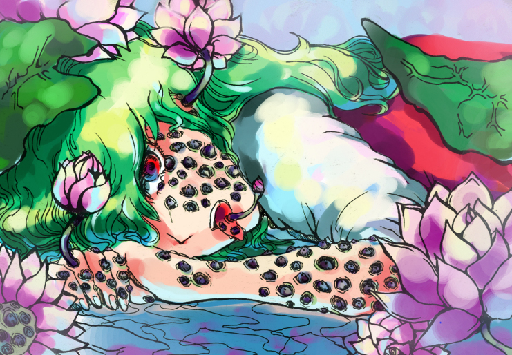 rapan, kazami yuuka, touhou, 1girl, creepy, female focus, flower, green hair, guro, horror (theme), lotus, lotus seeds, monster, monster girl, multicolored eyes, parasite, plant girl, red eyes, solo, tongue, trypophobia, what