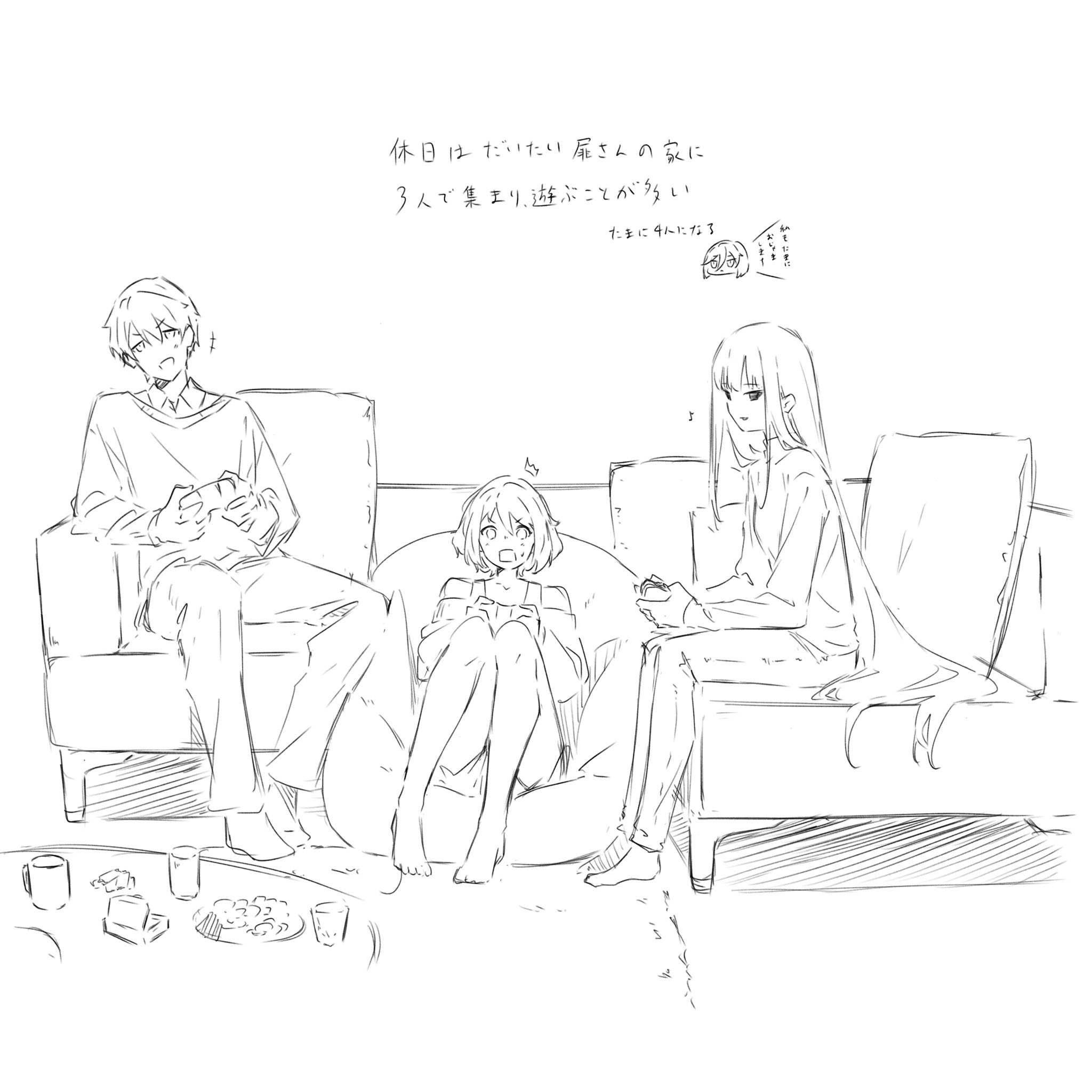 kanade (kanade 3344), original, highres, translation request, 2girls, barefoot, bean bag chair, controller, couch, game controller, hair between eyes, holding, holding controller, holding game controller, kai ayame, kanadate ruri, long hair, multiple girls, open mouth, pants, short hair, simple background, sitting, sweatdrop, white background, yahazu tobira