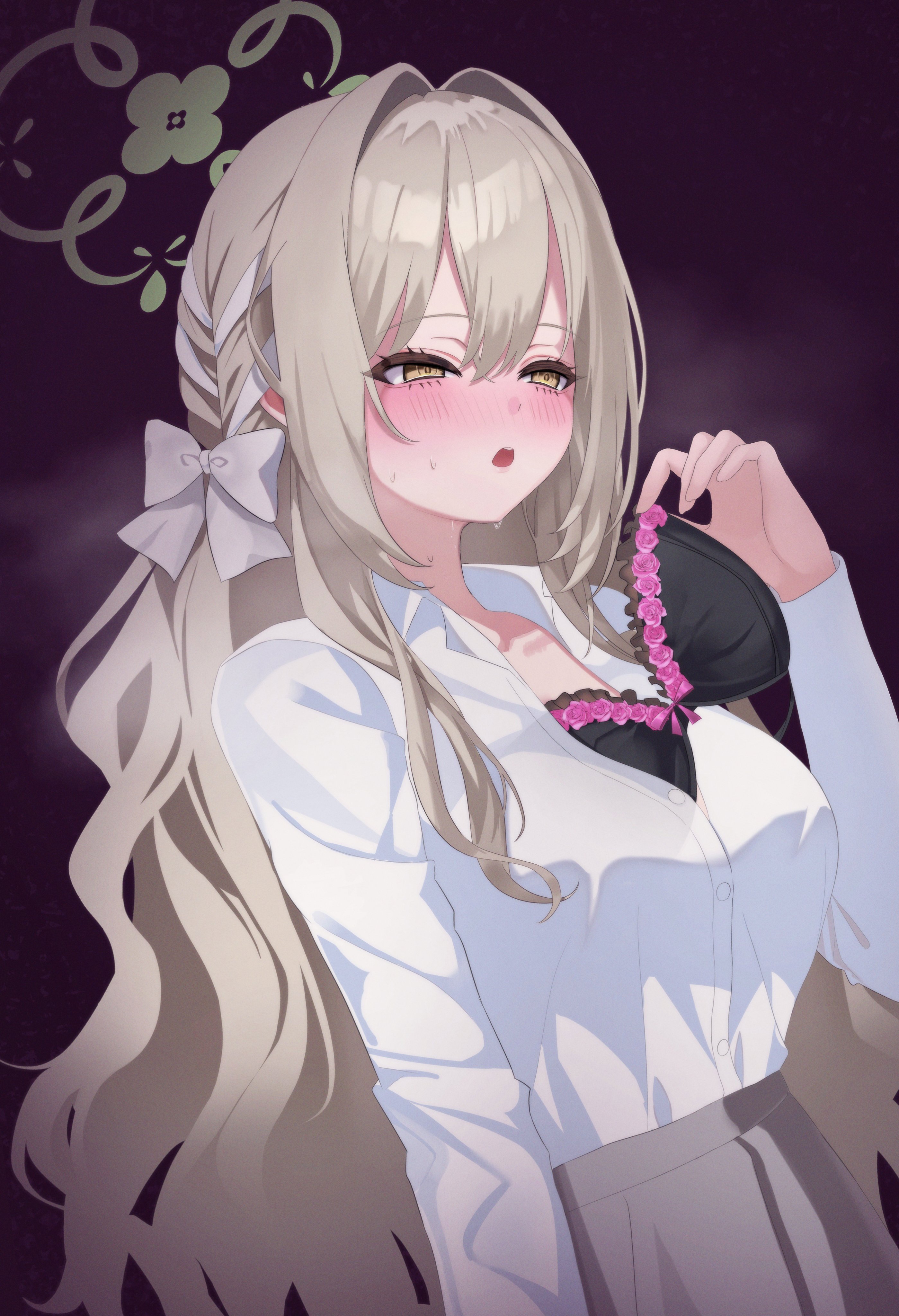 zuki (user mzpz5848), miyo (blue archive), blue archive, absurdres, highres, 1girl, black bra, blush, bow, bra, braid, choppy bangs, collared shirt, flower halo, green halo, hair bow, hair ribbon, halo, long hair, removing bra, removing bra under shirt, ribbon, ribbon braid, shirt, shirt tucked in, solo, sweat, underwear, white bow, white shirt