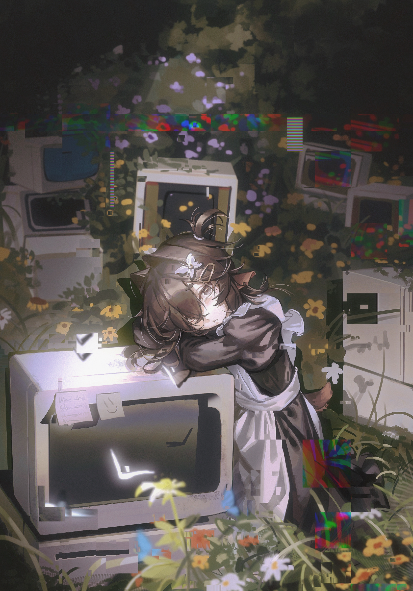 kirihara aki, original, commentary request, highres, 1girl, animal ears, apron, arm pillow, black dress, black hair, butterfly hair ornament, closed mouth, crt, double-parted bangs, dress, flower, foliage, from side, full body, glitch, grey eyes, hair between eyes, hair ears, hair ornament, kneeling, long bangs, long sleeves, looking at viewer, looking to the side, maid, maid apron, one side up, short hair, solo, tail, turning head, white apron, yellow flower