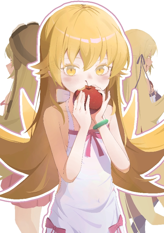 kilireo, kiss-shot acerola-orion heart-under-blade, oshino shinobu, bakemonogatari, kizumonogatari, monogatari (series), commentary request, 1girl, blonde hair, bracelet, dress, food, jewelry, long hair, looking at viewer, outline, solo, very long hair, white dress, white outline, yellow eyes