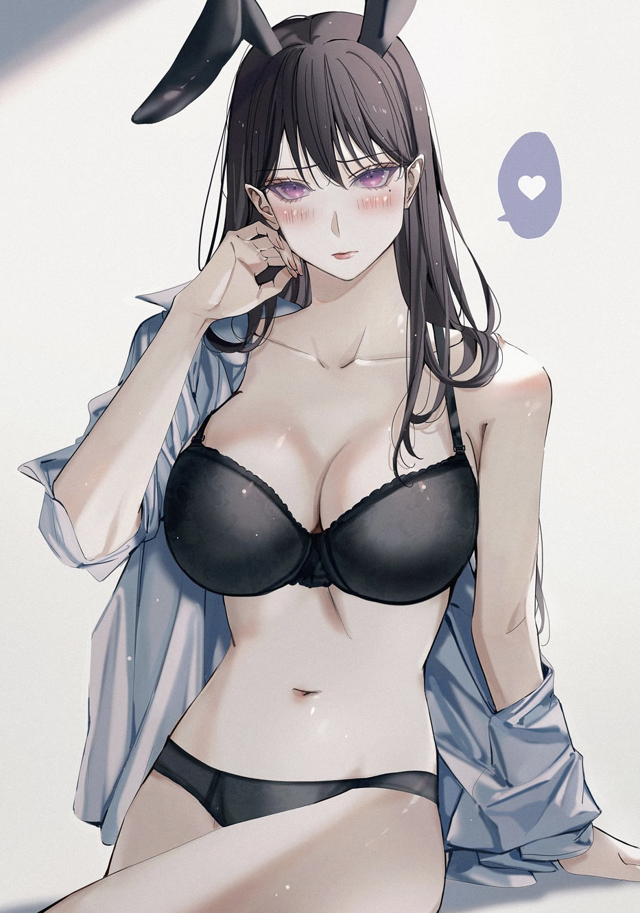 blackfangs, shiina taki, bang dream!, bang dream! it's mygo!!!!!, chinese commentary, commentary request, highres, 1girl, animal ears, black bra, black panties, blush, bra, breasts, cleavage, closed mouth, collarbone, fake animal ears, heart, large breasts, looking at viewer, mole, mole under eye, navel, open clothes, open shirt, panties, purple eyes, rabbit ears, shirt, simple background, solo, spoken heart, stomach, underwear, white shirt