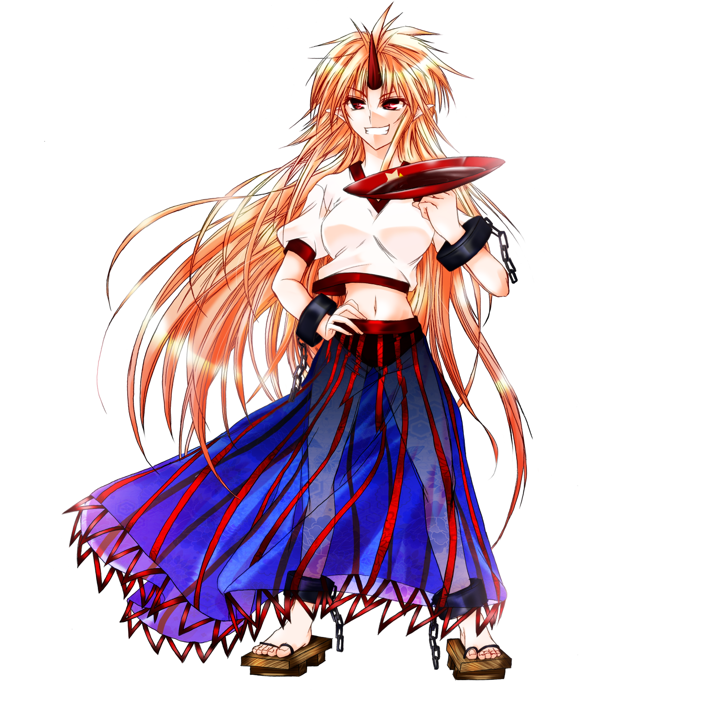 hazuki kasane, hoshiguma yuugi, touhou, highres, 1girl, alcohol, blonde hair, breasts, buruma, chain, cuffs, cup, female focus, full body, geta, grin, horns, large breasts, long hair, midriff, navel, pointy ears, red eyes, sakazuki, sake, sandals, see-through clothes, single horn, skirt, smile, solo, transparent background, very long hair