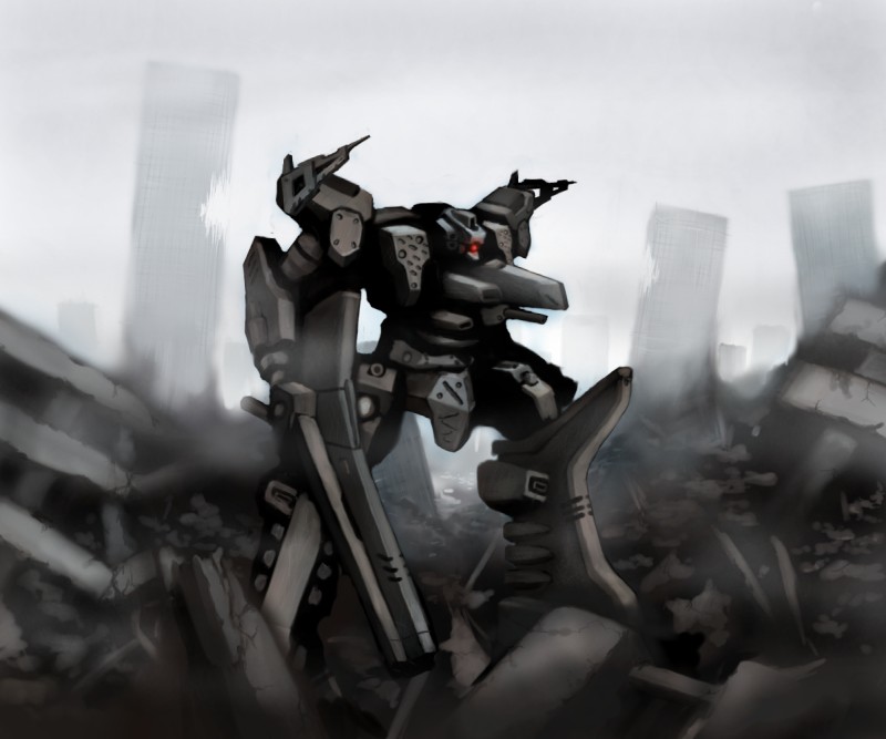 armored core, fromsoftware, tagme, building, gun, mecha, robot, ruins, weapon