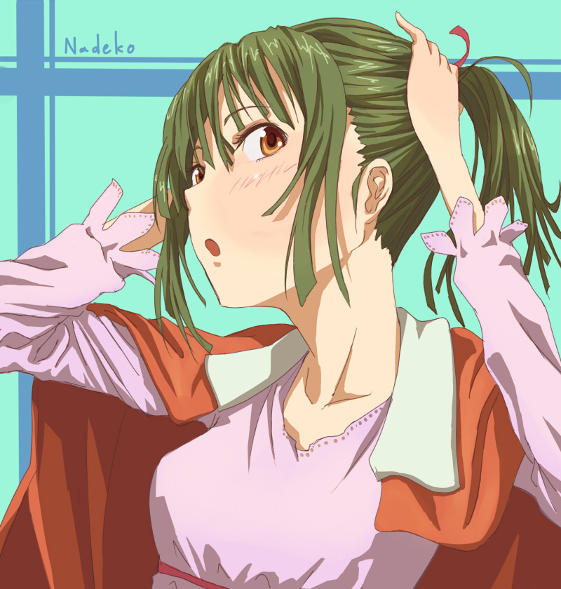 kaeru314, kaeru (kaerism), sengoku nadeko, bakemonogatari, monogatari (series), 00s, 1girl, blush, brown eyes, female focus, green hair, jacket, jacket on shoulders, open mouth, ponytail, ribbon, short hair, solo, surprised