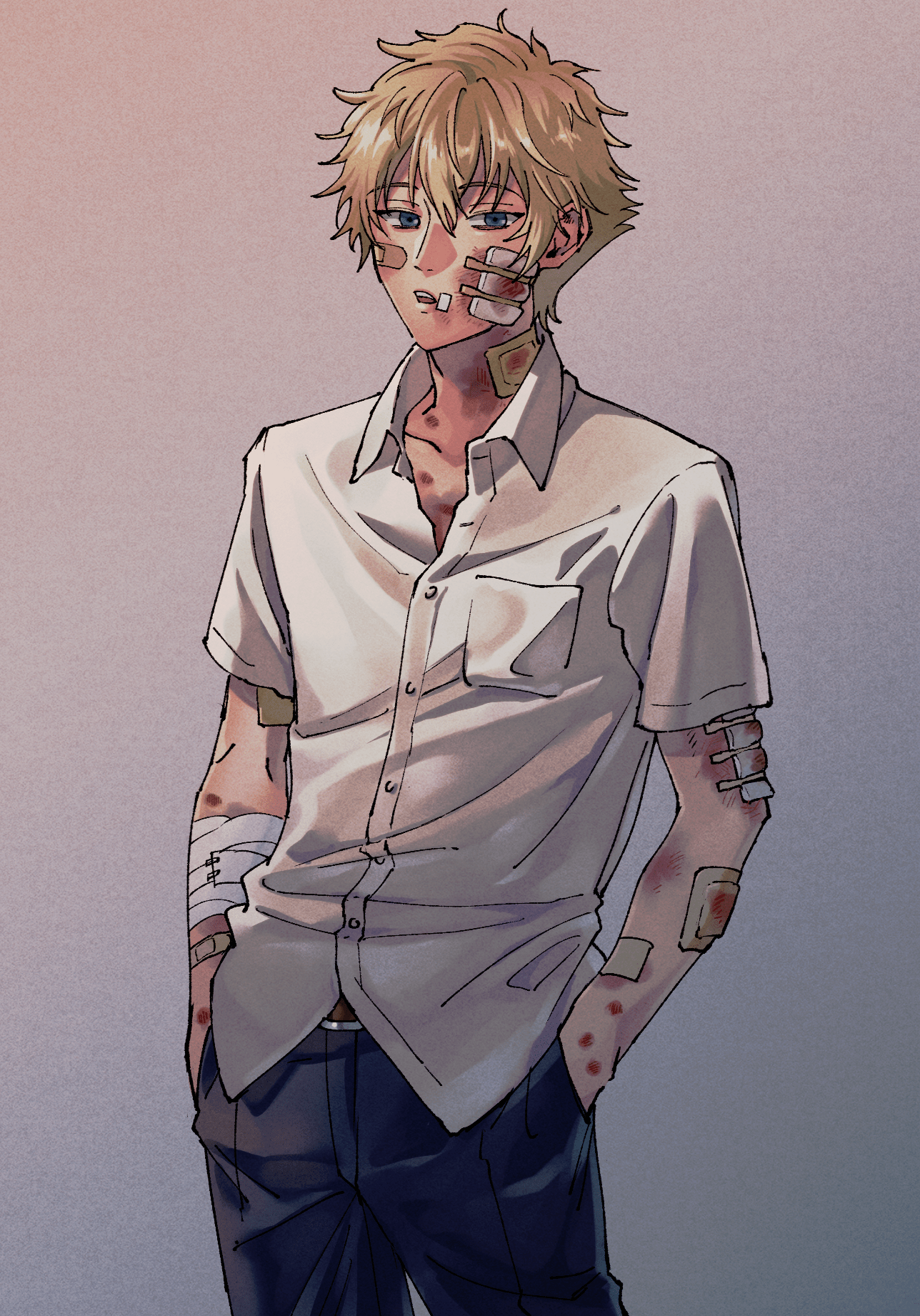 oshitari ken'ya, tennis no ouji-sama, commentary request, highres, 1boy, :o, bandaged arm, bandages, bandaid, bandaid on arm, bandaid on cheek, bandaid on face, bandaid on neck, belt, belt buckle, black pants, blonde hair, blood, bloody bandages, blue eyes, breast pocket, brown belt, bruise, bruise on arm, bruise on face, bruise on neck, buckle, choppy bangs, cigarette burn, collarbone, collared shirt, cowboy shot, dress pants, film grain, gauze, gauze on arm, gauze on cheek, grey background, hair between eyes, hands in pockets, injury, looking at viewer, male focus, omanjumaturi1, pants, partially unbuttoned, pocket, raised eyebrows, reverse ryona, school uniform, shirt, short hair, short sleeves, sideways glance, solo, teeth, upper teeth only, white shirt