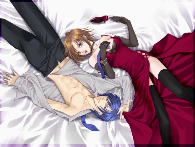 yuzelhu, kaito (vocaloid), meiko (vocaloid), vocaloid, blue eyes, blue hair, brown eyes, brown hair, dress, elbow gloves, from above, gloves, high heels, lying, on back, red dress, shoes, short hair, thighhighs