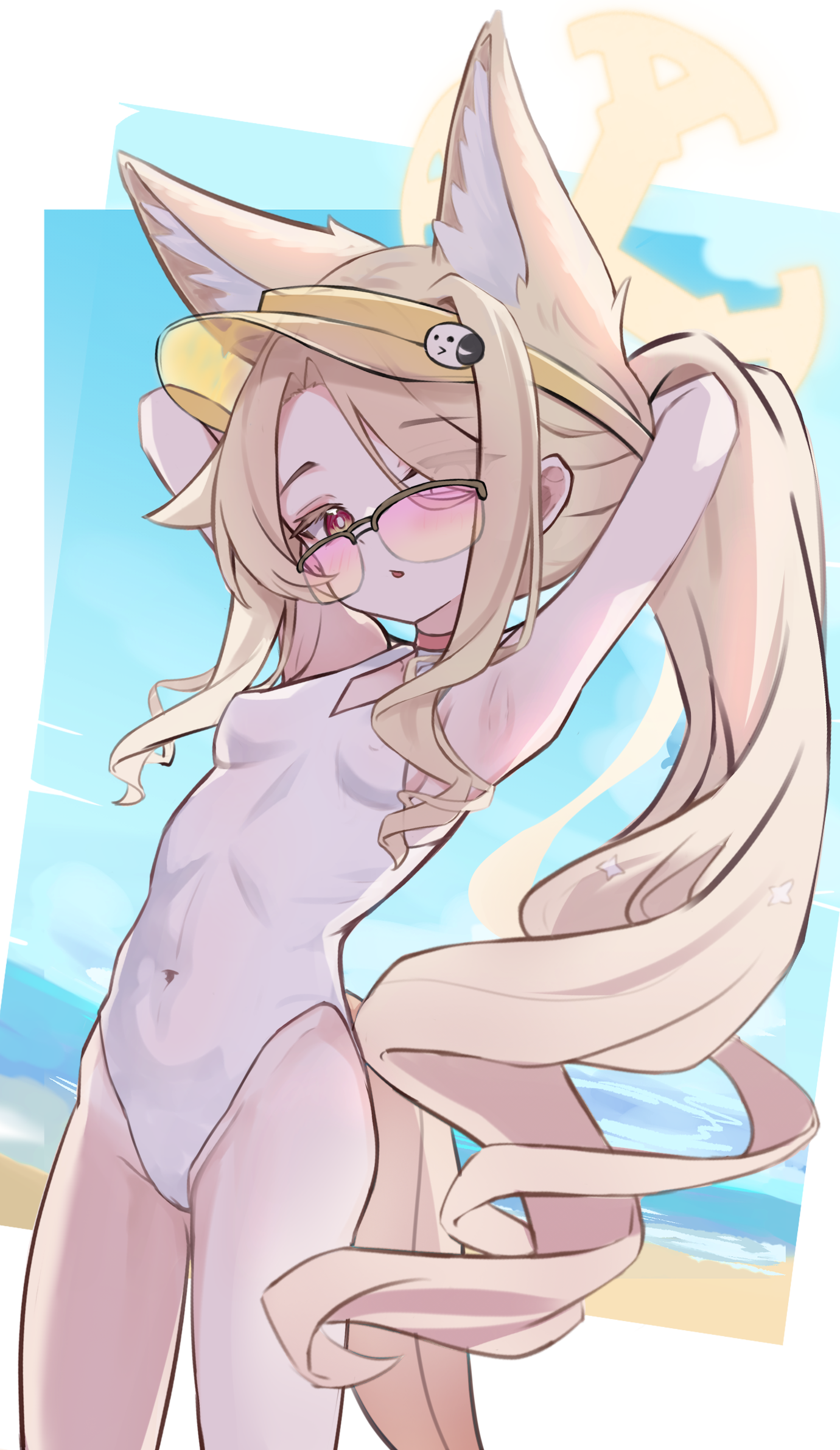 ren ruisou, seia (blue archive), seia (swimsuit) (blue archive), blue archive, commentary, english commentary, highres, above-cleavage cutout, animal ear fluff, animal ears, armpits, arms up, beach, bird pin, blonde hair, blue sky, blush, breasts, clothing cutout, cloud, covered navel, cropped legs, cross halo, day, diamond cutout, forehead, fox ears, fox girl, groin, halo, highleg, highleg one-piece swimsuit, long hair, long sidelocks, looking at viewer, ocean, one-piece swimsuit, open mouth, orange-tinted eyewear, outdoors, parted bangs, red eyes, sand, shore, sidelocks, sky, small breasts, sunglasses, swimsuit, tinted eyewear, very long sidelocks, visor cap, water, white one-piece swimsuit, yellow halo, yellow visor