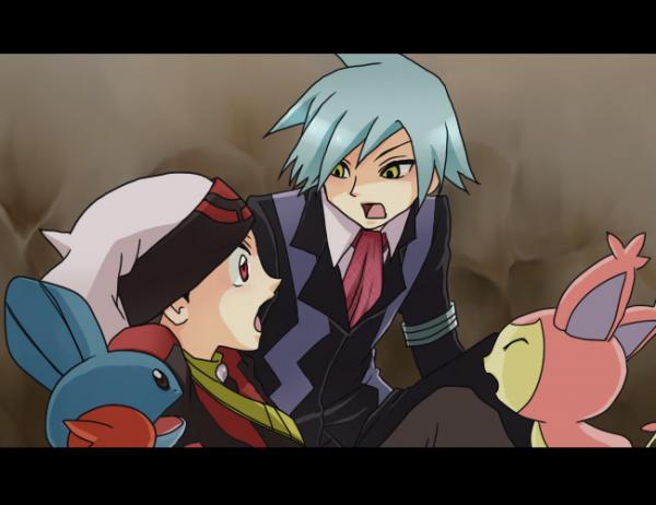 yamamoto satoshi, brendan (pokemon), mudkip, skitty, steven stone, nintendo, pokemon, pokemon adventures, pokemon special anime, 2boys, gen 3 pokemon, letterboxed, male focus, multiple boys, pokemon (creature)