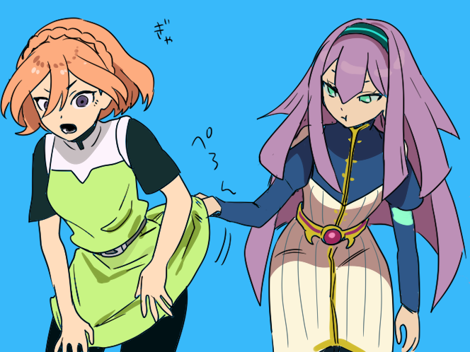 pmpomtgm, meia, inazuma eleven go, inazuma eleven go chrono stone, twitter, 2girls, long hair, looking at another, multiple girls, nike (inazuma eleven), orange hair, purple hair