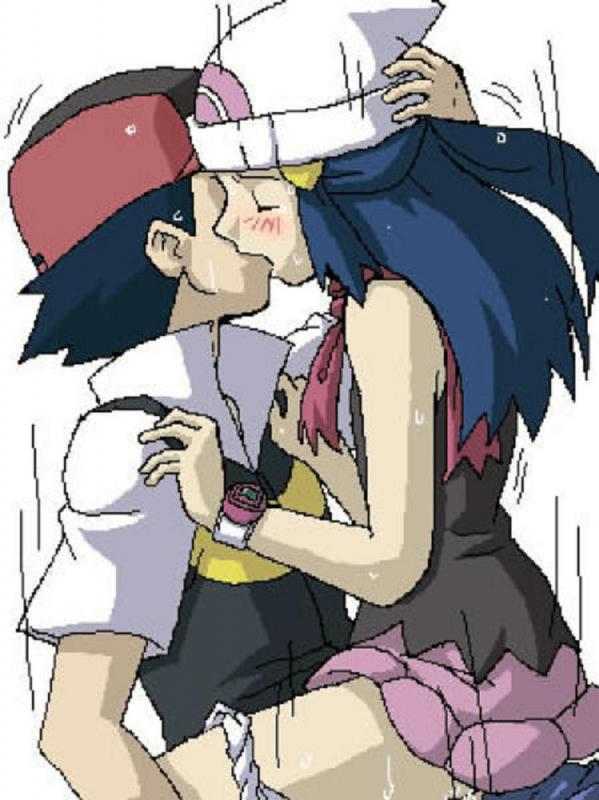 ash ketchum, hikari (pokemon), pokemon, clothes, hand on head, blush, clothed sex, kiss, panties around leg, sex, skirt, sweat, upsized