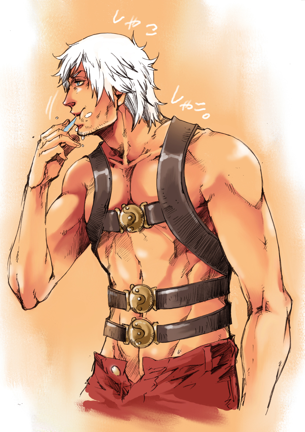 shubuka masamune, dante (devil may cry), capcom, devil may cry (series), bad id, bad pixiv id, highres, 00s, 1boy, beard stubble, brushing teeth, facial hair, groin, gun holster, male focus, manly, muscular, solo, stubble, toothbrush, topless male, white hair