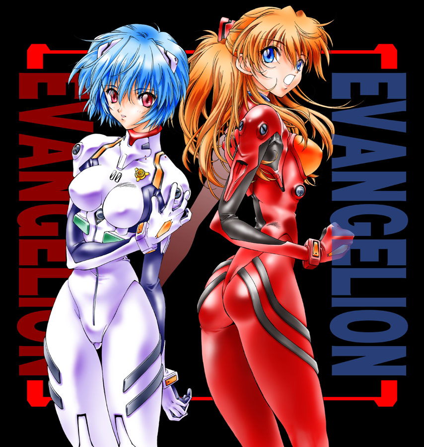 natsuno suika, ayanami rei, souryuu asuka langley, neon genesis evangelion, 1990s (style), 2girls, ass, blue eyes, blue hair, bodysuit, covered erect nipples, long hair, looking back, mecha pilot suit, multiple girls, orange hair, plugsuit (evangelion), red eyes, retro artstyle, short hair, skin tight