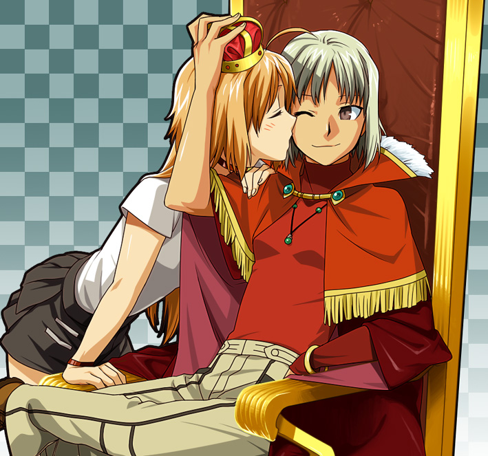 mori (unknown.), canaan (character), oosawa maria, 428, 428: fuusa sareta shibuya de, canaan (series), chunsoft, 2girls, :3, ahoge, androgynous, blonde hair, bracelet, breasts, brown eyes, cape, choker, closed eyes, crown, jewelry, kiss, long hair, multiple girls, necklace, one eye closed, reverse trap, short hair, sleeveless, sleeveless turtleneck, small breasts, smile, throne, turtleneck, white hair, wink, yuri