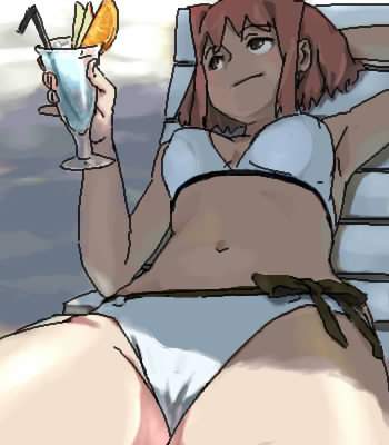 nanasyu, brandy (musashiden), brave fencer musashiden, lowres, 1girl, armpits, beach, bikini, bow, bow bikini, bow panties, bra, breasts, brown eyes, brown hair, bubble, chair, cup, drink, drinking straw, female focus, food, fruit, grin, ice, navel, orange (fruit), panties, pinky out, shade, smile, solo, swimsuit, umbrella, underwear, water, white bikini, white bra