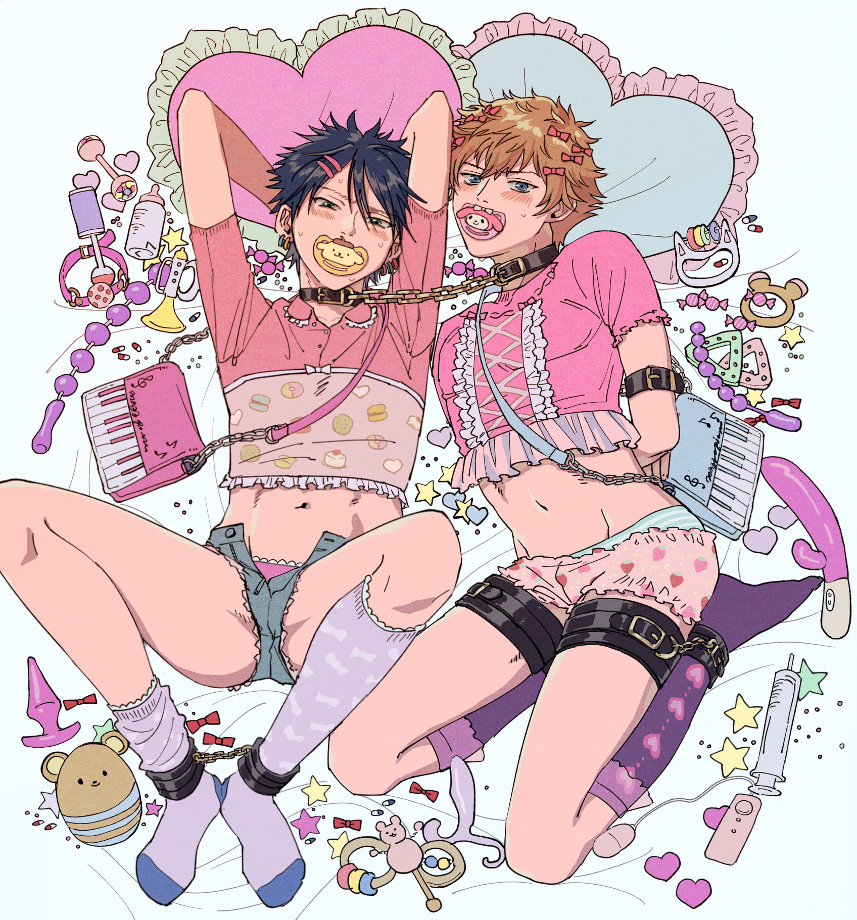 my melody, oshitari ken'ya, pompompurin, zaizen hikaru, mezzo piano, sanrio, tennis no ouji-sama, commentary request, highres, 2boys, adult baby, anal beads, aqua panties, arms behind back, arms behind head, arms up, asymmetrical legwear, baby bottle, bag, ball gag, bdsm, bed sheet, belt collar, black collar, black hair, blue bag, blue eyes, blush, bondage, bottle, bound, bound ankles, bound arms, bound legs, bow, brown hair, butt plug, candy, choppy bangs, collar, collarbone, collared shirt, crossdressing, crossdressing (mtf), denim, denim shorts, dildo, earrings, egg vibrator, film grain, food, food print, frilled panties, frilled pillow, frilled shirt, frilled shirt collar, frilled shorts, frilled sleeves, frilled socks, frills, from above, fruit print, full body, furrowed brow, gag, green eyes, groin, groin tendon, hair between eyes, hair bow, hair ornament, hairpin, head on pillow, heart, heart-shaped pillow, heart print, hoop earrings, jewelry, kneehighs, knees up, large syringe, linked collar, looking at viewer, lying, male focus, micro shorts, mouth hold, multiple boys, multiple earrings, multiple hair bows, multiple hairpins, multiple piercings, navel, omanjumaturi1, on back, on side, open clothes, open shorts, oversized object, pacifier, pale skin, panties, panty peek, partially unbuttoned, piano print, pill, pillow, pink bag, pink panties, pink shirt, pink shorts, print socks, prostate massager, purple socks, rabbit vibrator, rattle, red bow, restrained, see-through frills, sex toy, shirt, shirt bow, short hair, short sleeves, shorts, shoulder bag, simple background, small sweatdrop, socks, spiked hair, star (symbol), strawberry print, striped clothes, striped panties, sweat, syringe, teething ring, toned, toned male, toy, two-tone panties, unbuttoned, underwear, uneven legwear, unzipped, vibrator, white background, white bow, white panties, wrapped candy